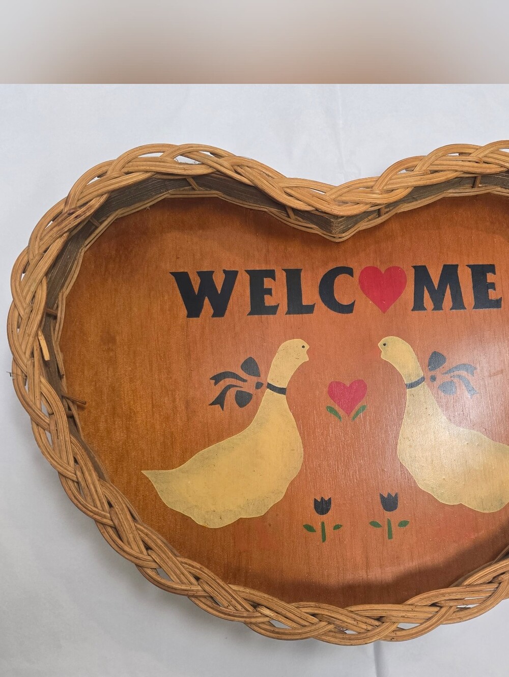 Vintage Cottagecore Wooden Goose Wicker Heart Shaped Hanging Wall Decor